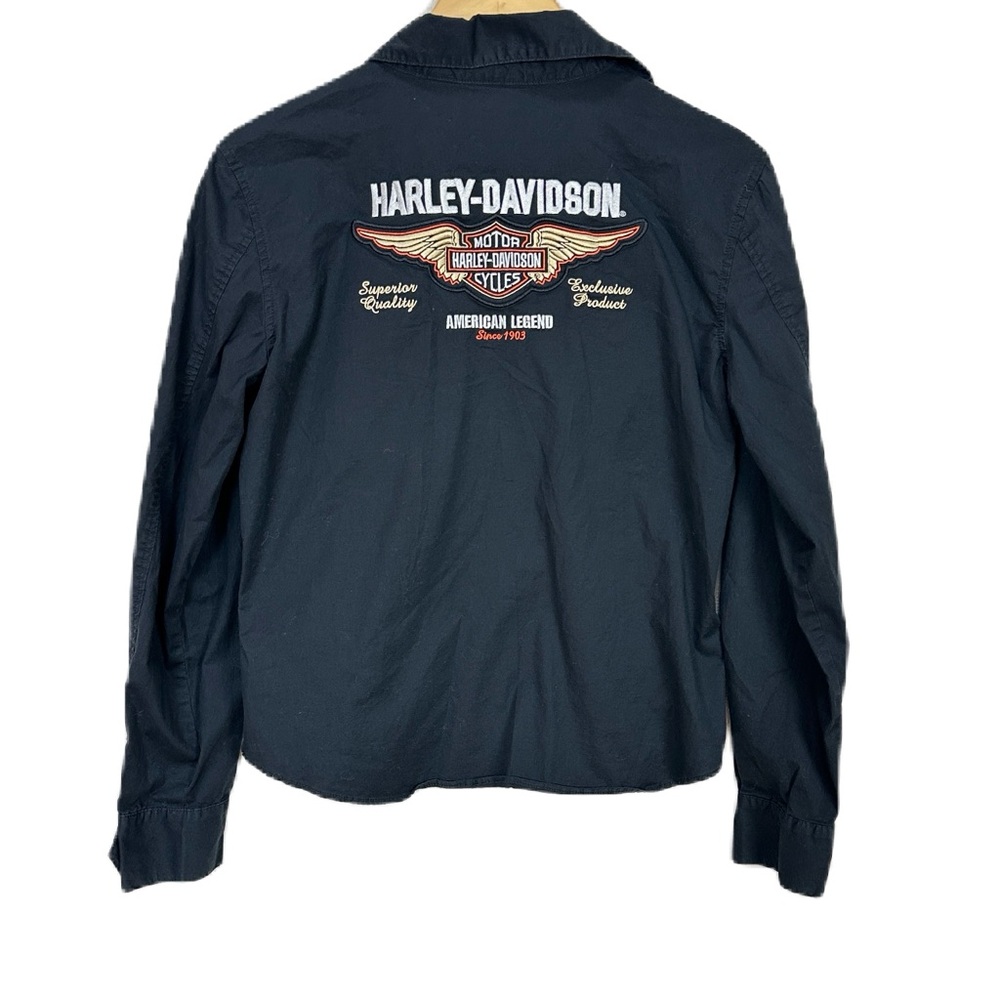 Harley Davidson Black Shirt Button Up Logo‎ Wings Embroidered Women’s Sz Large